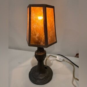 Vintage ~10” T Table Accent Lamp Mica Amber Shade Decorative Unique Mini Heavy